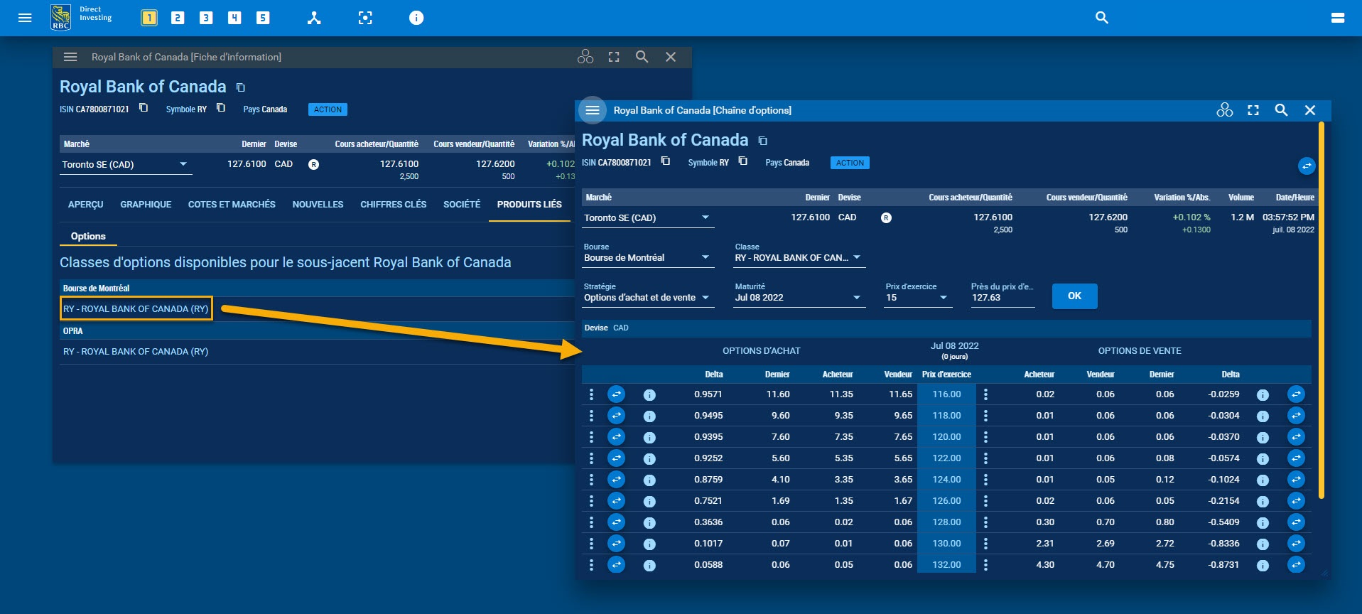 Clic sur l’une des catégories d’options pour ouvrir un widget chaîne d’options